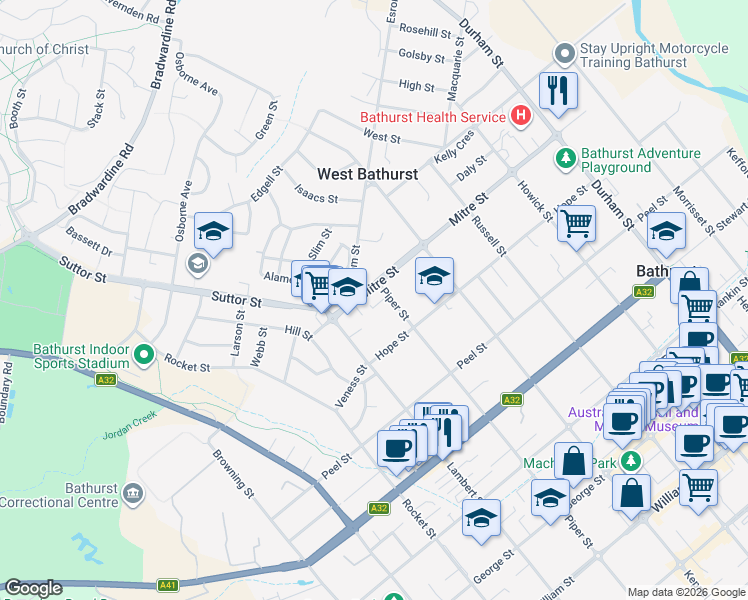 map of restaurants, bars, coffee shops, grocery stores, and more near 170 Mitre Street in Bathurst
