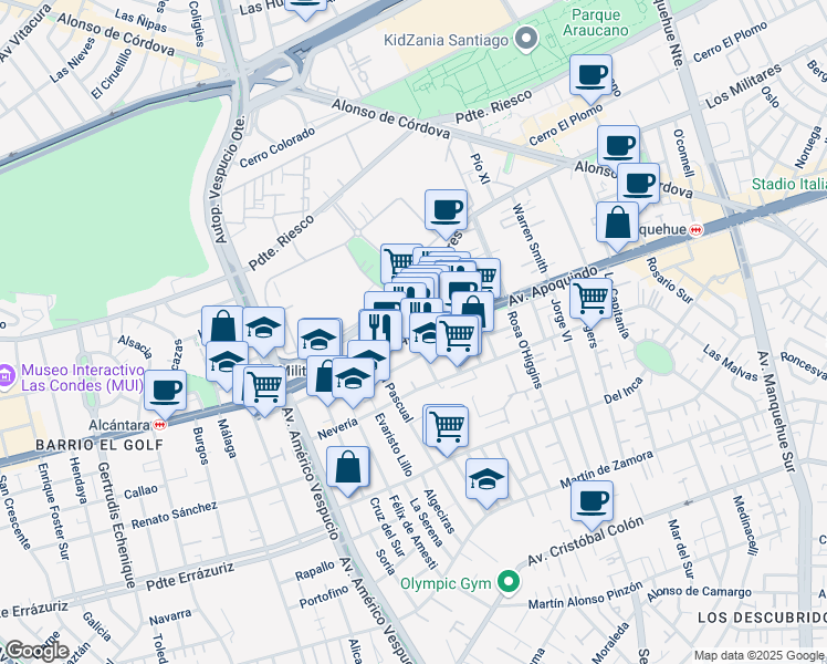 map of restaurants, bars, coffee shops, grocery stores, and more near 4820 Avenida Apoquindo in Las Condes