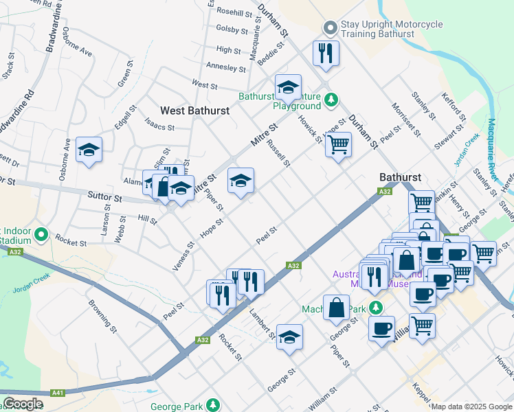 map of restaurants, bars, coffee shops, grocery stores, and more near 190 Hope Street in Bathurst