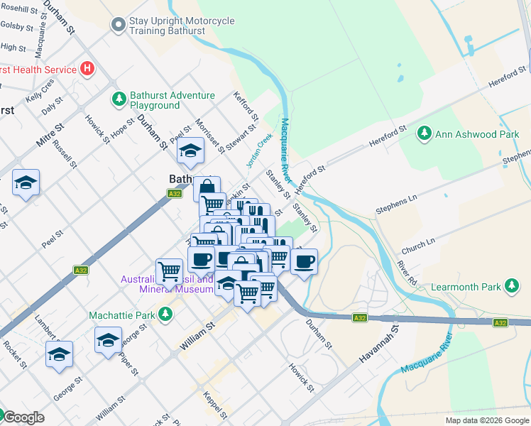 map of restaurants, bars, coffee shops, grocery stores, and more near 8 Morrisset Street in Bathurst