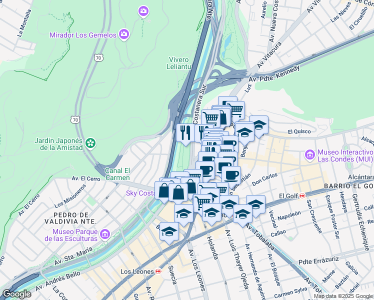 map of restaurants, bars, coffee shops, grocery stores, and more near 2730 Avenida Costanera Sur in Providencia