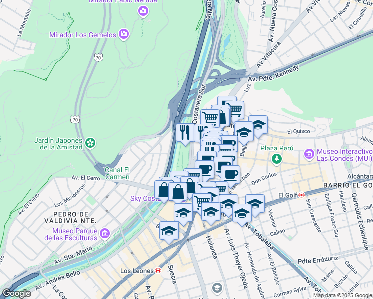 map of restaurants, bars, coffee shops, grocery stores, and more near 2730 Avenida Costanera Sur in Providencia