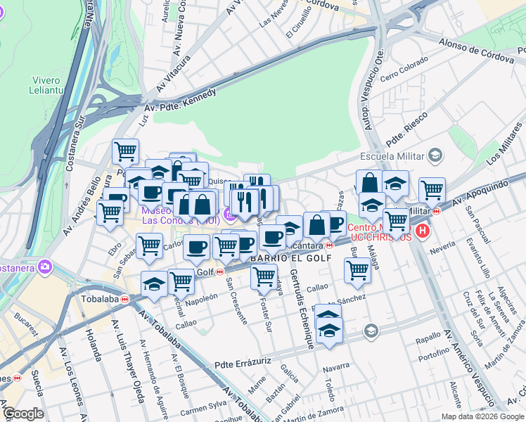 map of restaurants, bars, coffee shops, grocery stores, and more near 181 Magdalena in Las Condes