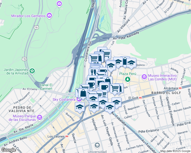 map of restaurants, bars, coffee shops, grocery stores, and more near 2800 Isidora Goyenechea in Santiago