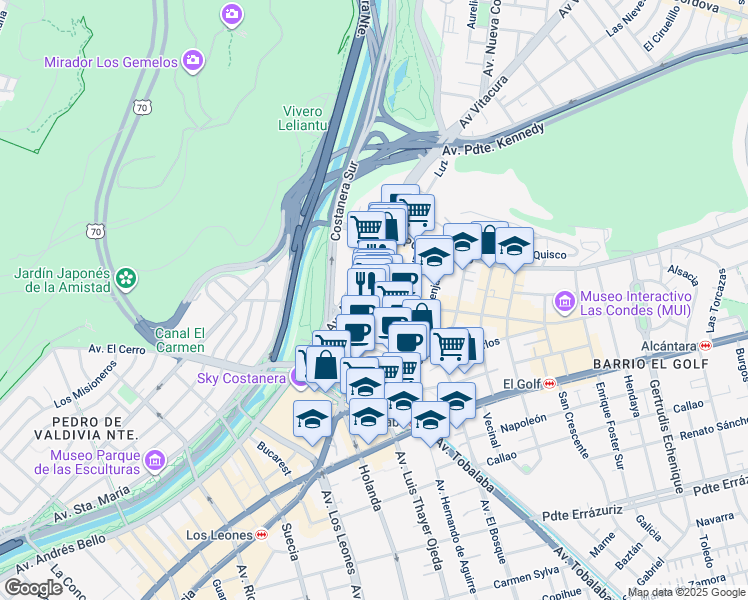 map of restaurants, bars, coffee shops, grocery stores, and more near 2800 Isidora Goyenechea in Santiago