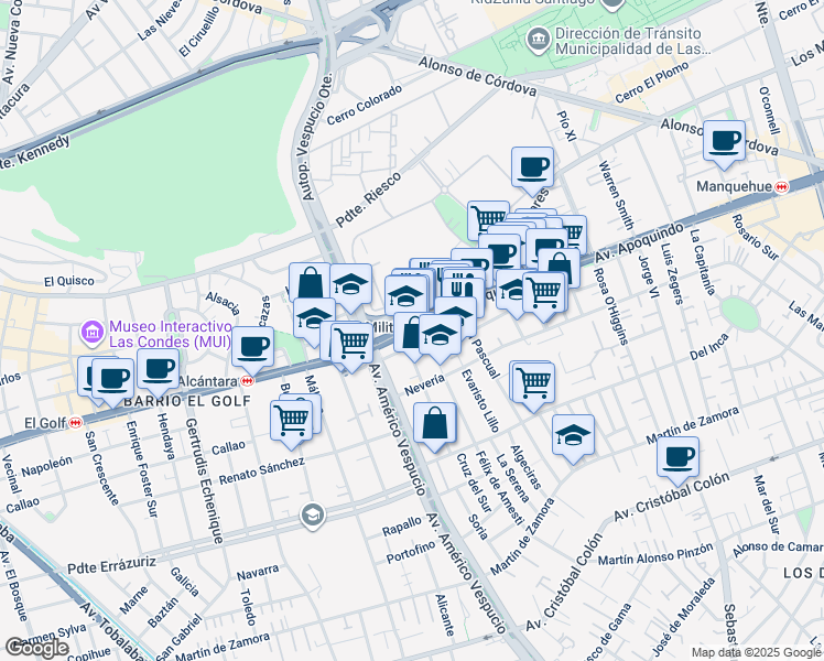 map of restaurants, bars, coffee shops, grocery stores, and more near 4501 Avenida Apoquindo in Santiago
