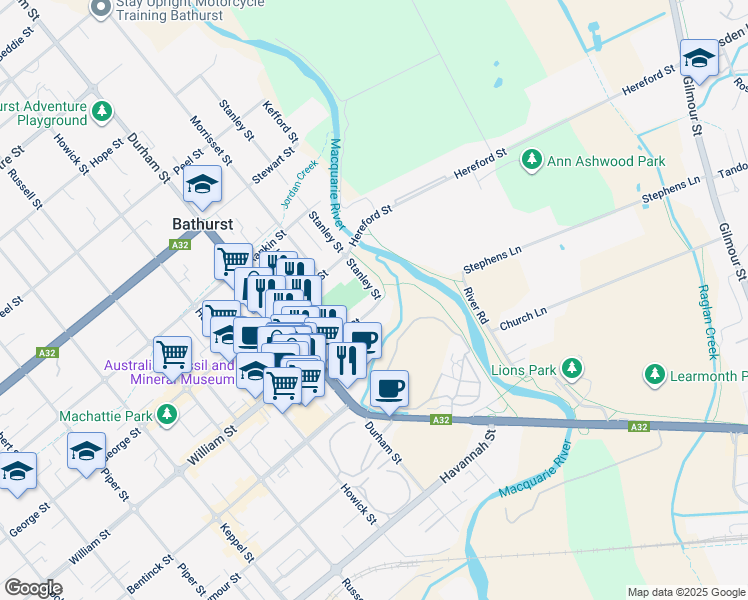 map of restaurants, bars, coffee shops, grocery stores, and more near 2 Stanley Street in Bathurst