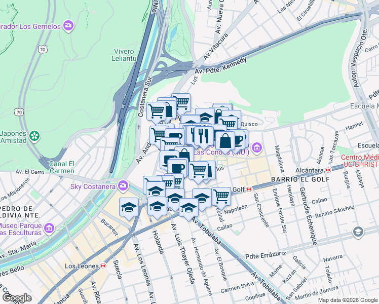 map of restaurants, bars, coffee shops, grocery stores, and more near 2909 Isidora Goyenechea in Las Condes