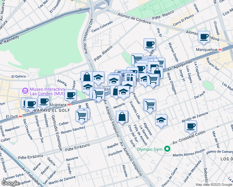 map of restaurants, bars, coffee shops, grocery stores, and more near 4501 Avenida Apoquindo in Santiago