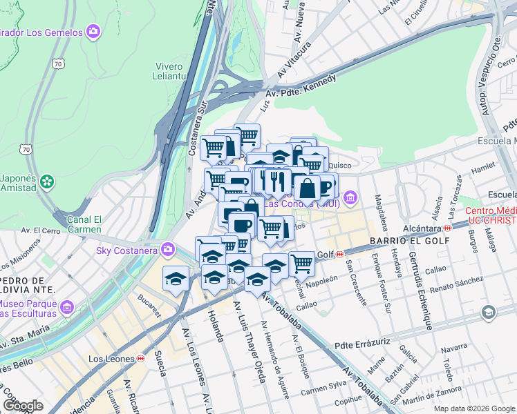 map of restaurants, bars, coffee shops, grocery stores, and more near 2909 Isidora Goyenechea in Las Condes