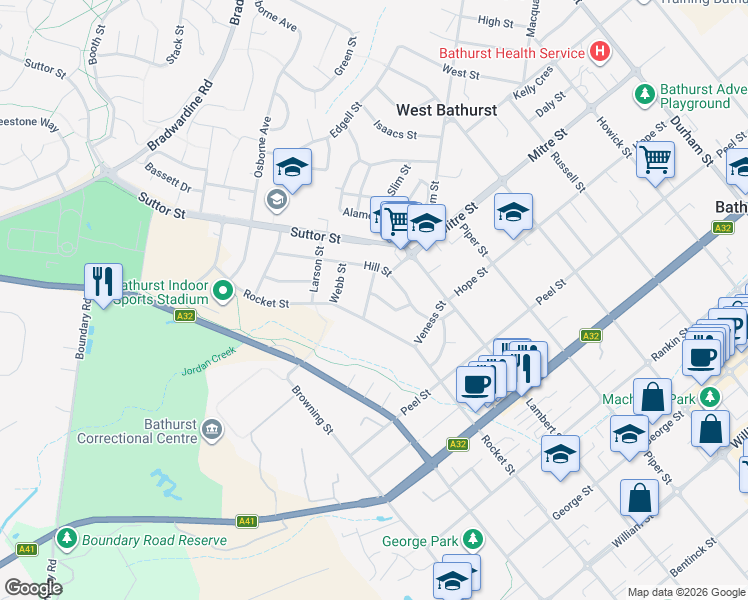 map of restaurants, bars, coffee shops, grocery stores, and more near 18 Parnham Street in West Bathurst