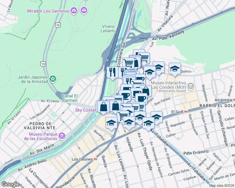 map of restaurants, bars, coffee shops, grocery stores, and more near 2782 Andres Bello in Las Condes