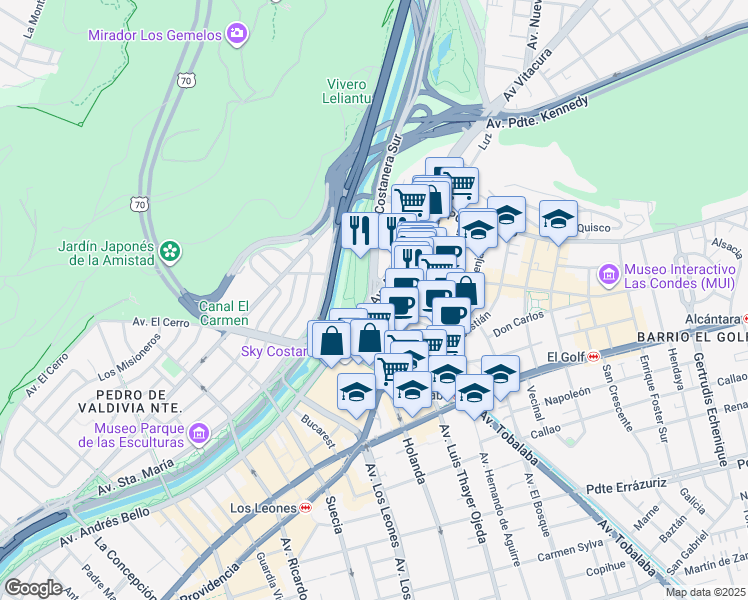 map of restaurants, bars, coffee shops, grocery stores, and more near 2782 Andres Bello in Las Condes