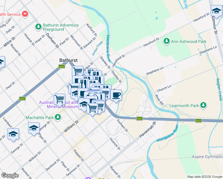 map of restaurants, bars, coffee shops, grocery stores, and more near 21 William Street in Bathurst