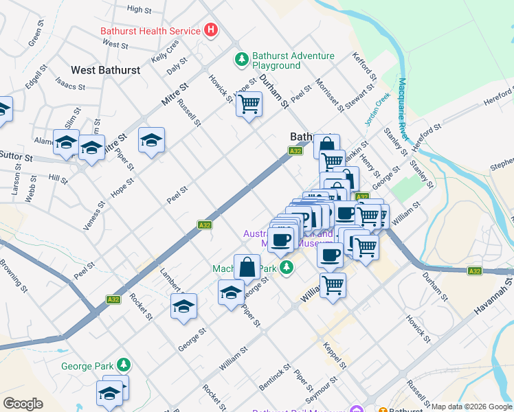 map of restaurants, bars, coffee shops, grocery stores, and more near 212 Russell Street in Bathurst
