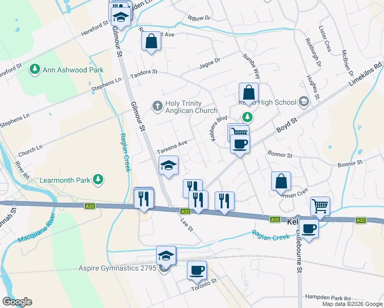 map of restaurants, bars, coffee shops, grocery stores, and more near 10 Uralla Circuit in Kelso