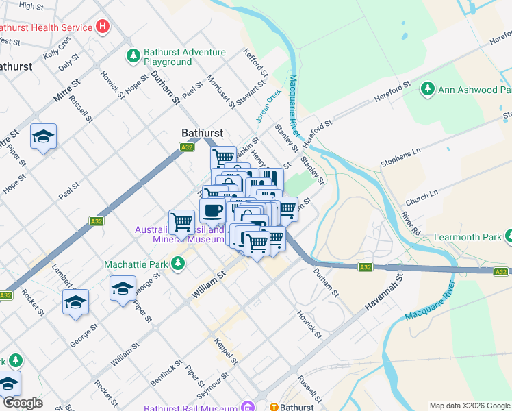 map of restaurants, bars, coffee shops, grocery stores, and more near 60 Durham Street in Bathurst