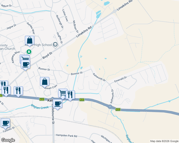 map of restaurants, bars, coffee shops, grocery stores, and more near 82 Bonnor Street in Kelso