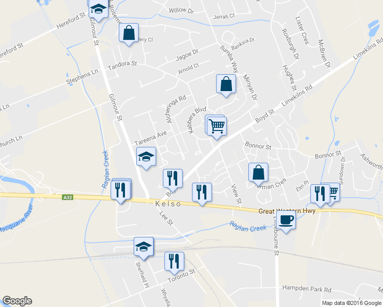 map of restaurants, bars, coffee shops, grocery stores, and more near 9 Alpugi Place in Kelso