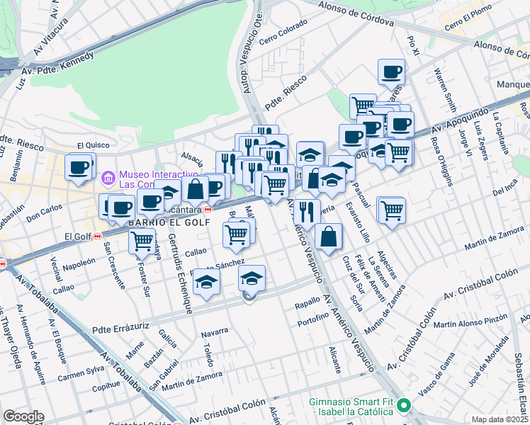 map of restaurants, bars, coffee shops, grocery stores, and more near 77 Asturias in Santiago