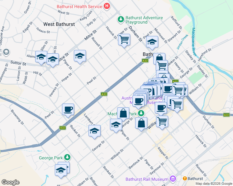 map of restaurants, bars, coffee shops, grocery stores, and more near 175 Keppel Street in Bathurst