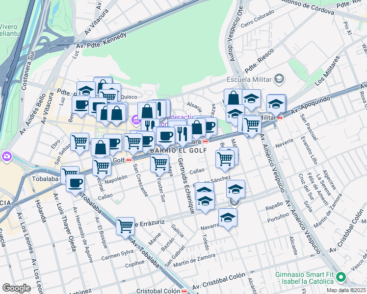 map of restaurants, bars, coffee shops, grocery stores, and more near 3721 Apoquindo in Santiago