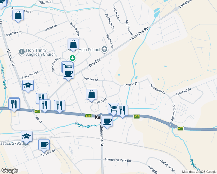 map of restaurants, bars, coffee shops, grocery stores, and more near 6 Bouffler Close in Kelso