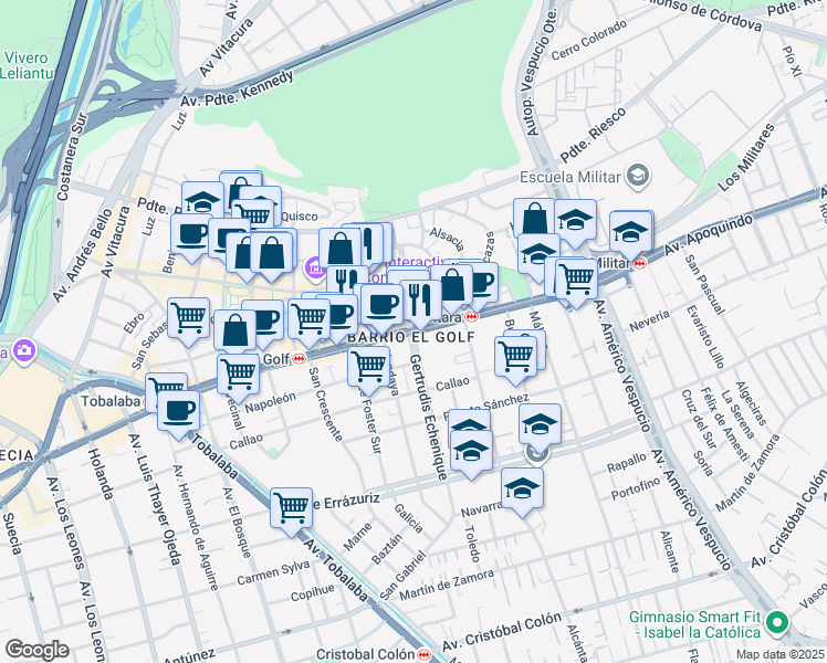 map of restaurants, bars, coffee shops, grocery stores, and more near 3721 Apoquindo in Santiago