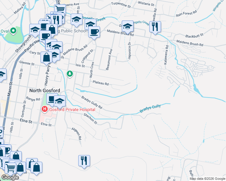 map of restaurants, bars, coffee shops, grocery stores, and more near 7 Derwyn Close in North Gosford