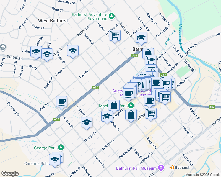 map of restaurants, bars, coffee shops, grocery stores, and more near 163 Keppel Street in Bathurst