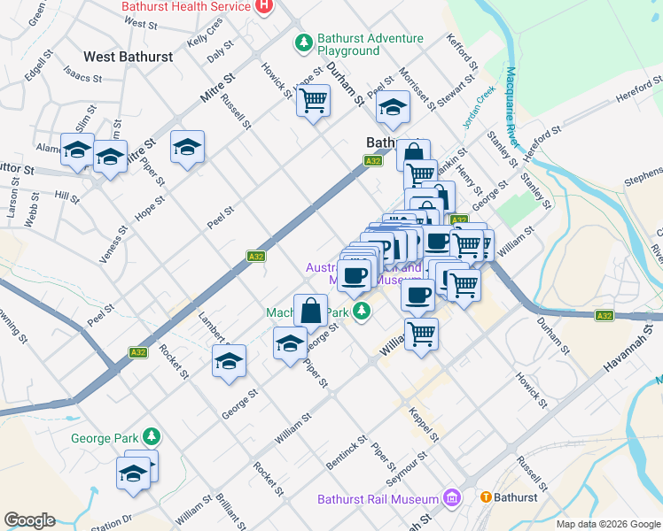 map of restaurants, bars, coffee shops, grocery stores, and more near 150 Rankin Street in Bathurst