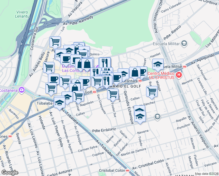 map of restaurants, bars, coffee shops, grocery stores, and more near 3468 Apoquindo in Las Condes
