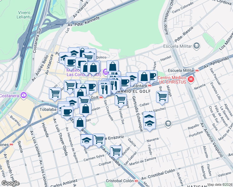 map of restaurants, bars, coffee shops, grocery stores, and more near 3468 Apoquindo in Las Condes