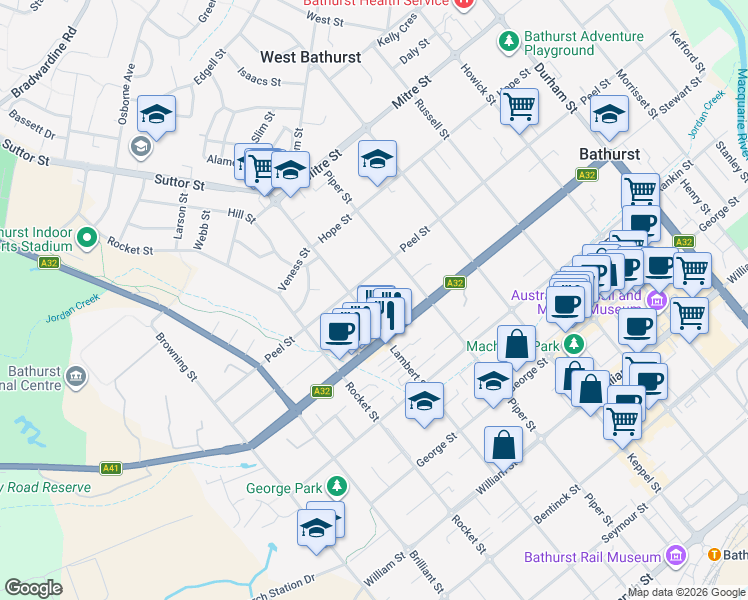 map of restaurants, bars, coffee shops, grocery stores, and more near 277 Lambert Street in Bathurst