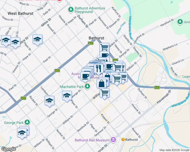 map of restaurants, bars, coffee shops, grocery stores, and more near 141 George Street in Bathurst