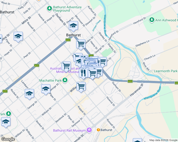 map of restaurants, bars, coffee shops, grocery stores, and more near 165 Howick Street in Bathurst