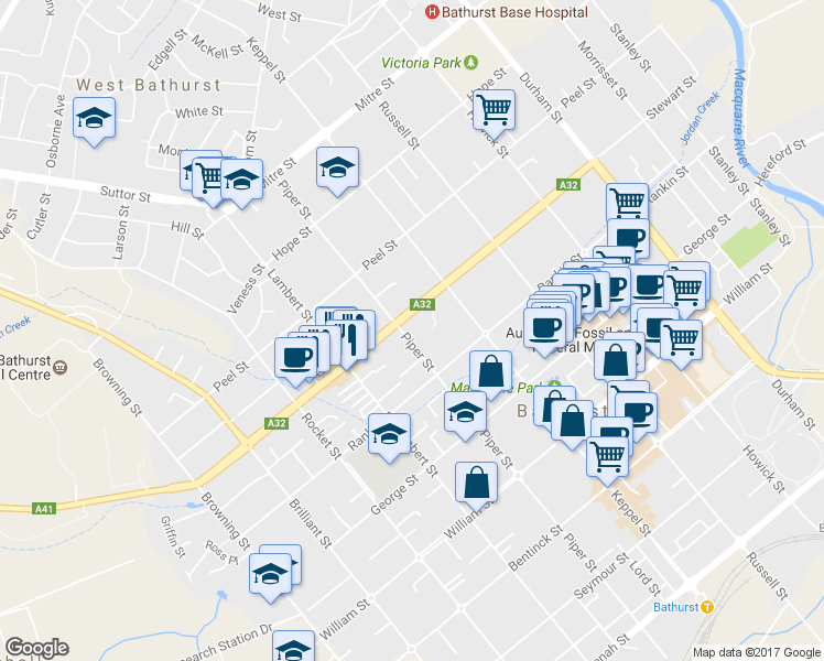 map of restaurants, bars, coffee shops, grocery stores, and more near 215 Piper Street in Bathurst