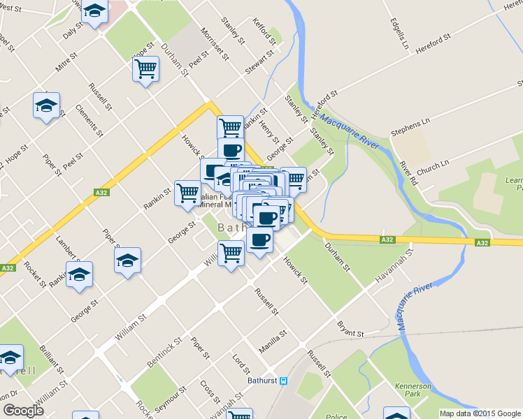 map of restaurants, bars, coffee shops, grocery stores, and more near 57-61 William Street in Bathurst