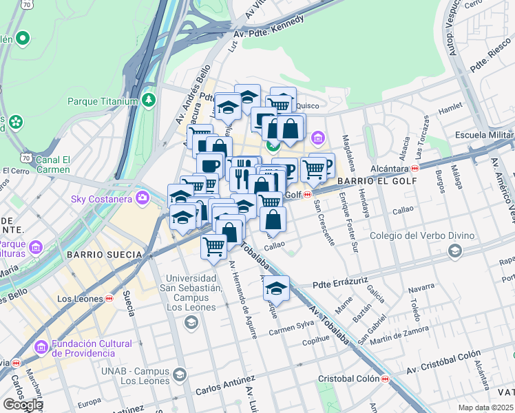 map of restaurants, bars, coffee shops, grocery stores, and more near 2926 Avenida Apoquindo in Las Condes