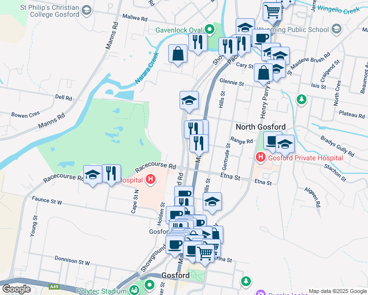 map of restaurants, bars, coffee shops, grocery stores, and more near Showground Road in Gosford