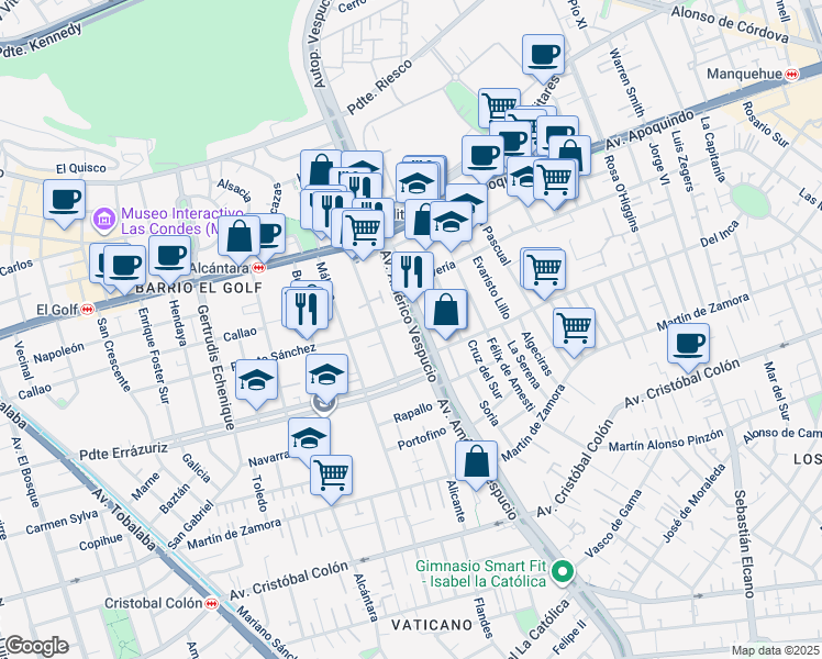 map of restaurants, bars, coffee shops, grocery stores, and more near 345 Avenida Américo Vespucio Sur in Las Condes