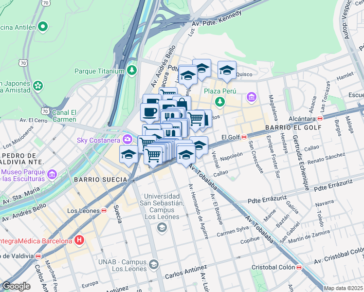 map of restaurants, bars, coffee shops, grocery stores, and more near 65 Encomenderos in Las Condes