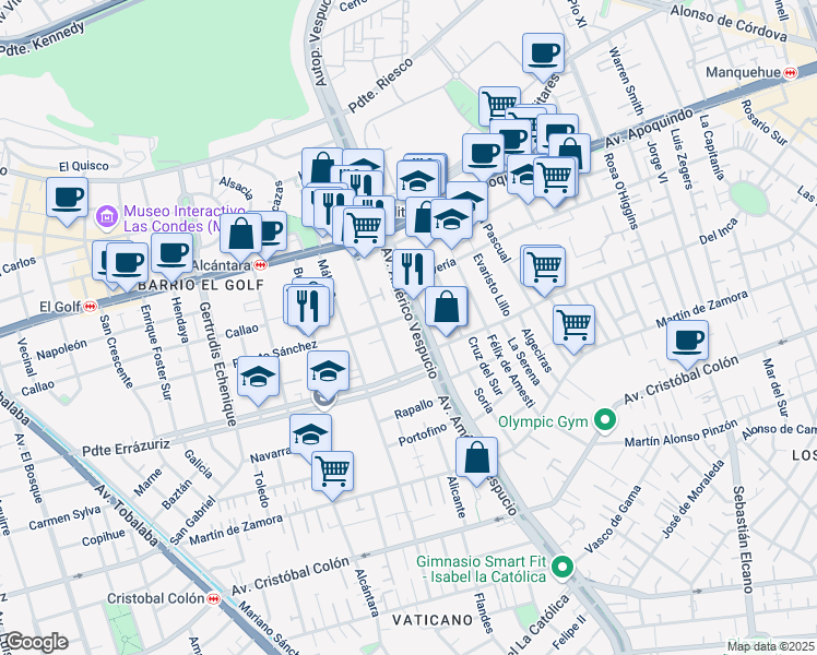 map of restaurants, bars, coffee shops, grocery stores, and more near 345 Avenida Américo Vespucio Sur in Las Condes