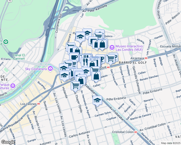 map of restaurants, bars, coffee shops, grocery stores, and more near 2929 Apoquindo in Santiago