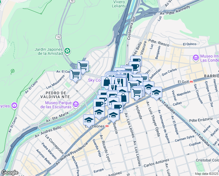 map of restaurants, bars, coffee shops, grocery stores, and more near 2465 Andrés Bello in Santiago