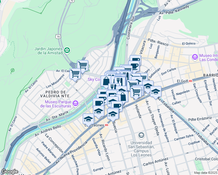 map of restaurants, bars, coffee shops, grocery stores, and more near 2465 Andrés Bello in Santiago