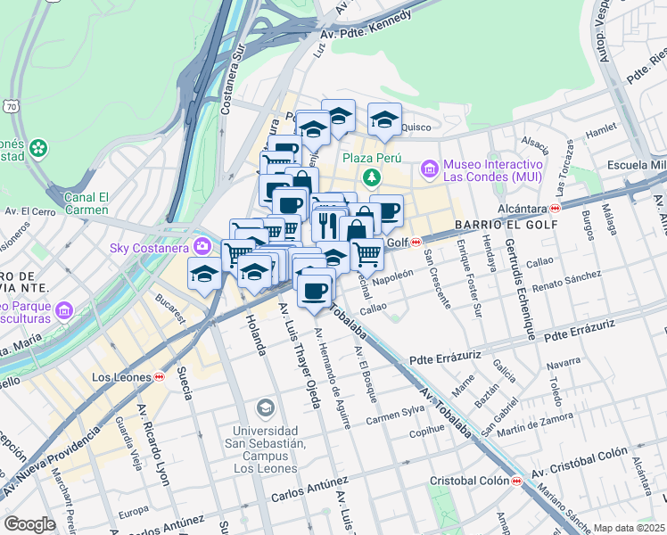 map of restaurants, bars, coffee shops, grocery stores, and more near 2827 Apoquindo in Santiago
