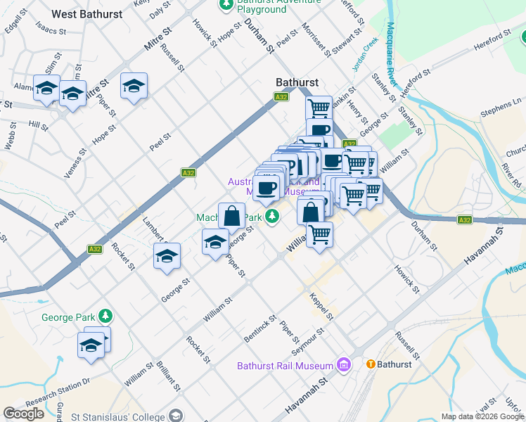 map of restaurants, bars, coffee shops, grocery stores, and more near 189 George Street in Bathurst