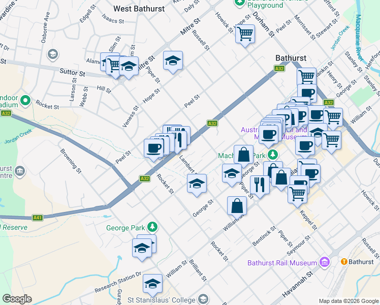 map of restaurants, bars, coffee shops, grocery stores, and more near 239 Lambert Street in Bathurst