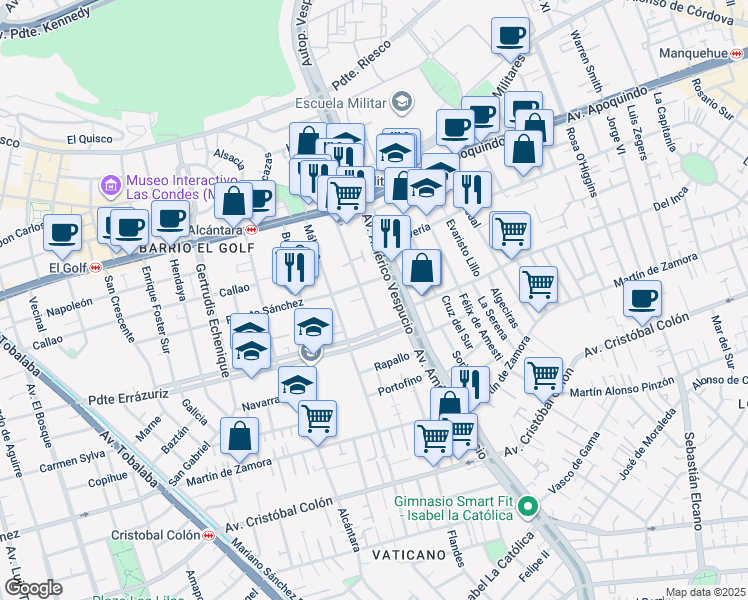 map of restaurants, bars, coffee shops, grocery stores, and more near 350 Asturias in Las Condes